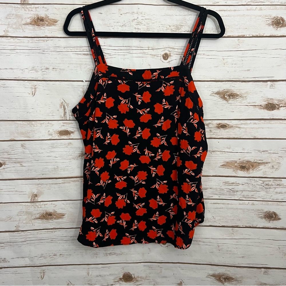 Ann Taylor Black Red Floral Ladderstitch Cami Tank Top L